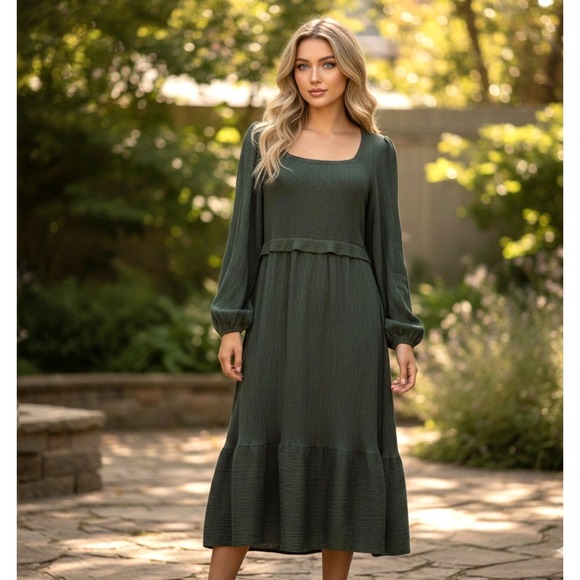 Baltic Born Dresses & Skirts - Baltic Born NWT Alva Sweater Midi Dress XL Dusty Green Square Neck Crinkle Boho